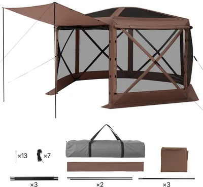 Image de SucceBuy Pop-up Pavillon, 3,6 x 3,6 m, tente de camping hexagonale avec toit amovible et sac de transport, protection solaire idéale pour 8-10 personnes, tente de réception polyvalente pour le jardin et la terrasse, marron