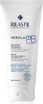 A white tube of Rilastil XEROLACT PB balm against a white background.