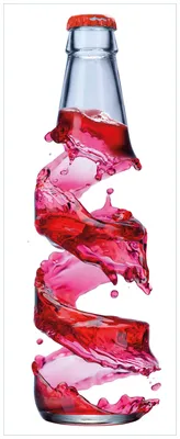 Produktbild von Wallario Wandbild aus Acryl, 200 x 80 cm, freischwebende Optik - Flasche mit roter Brause - Wirbelsturm