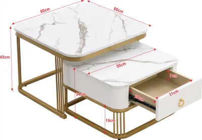 Immagine prodotto di Tavolino impilabile Sweiko: look marmo lucido, accenti dorati, tavolino con cassetti. set di due pezzi