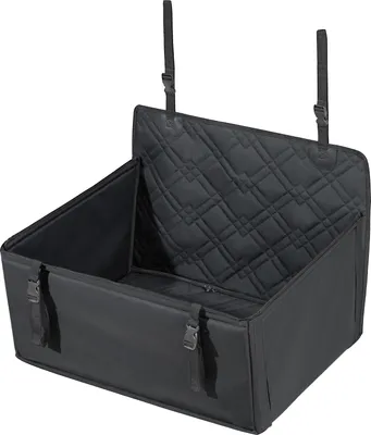 A black fabric car seat booster for pets is shown against a white background.