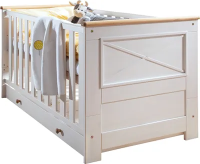 Produktbild von Babyzimmer Gitterbett mit Bettschubkasten Kiefer weiß mit Eiche KOLOMEA-69, 2-teilig