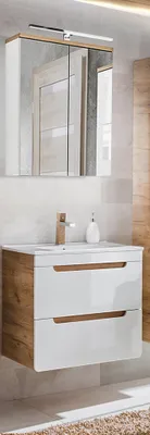 Produktbild von Badezimmer Waschplatz mit 61 cm Keramikwaschtisch LUTON-56 Hochglanz weiß mit Wotan Eiche Nb., B/H/T ca. 60/200/46 cm