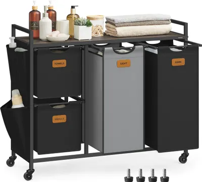 Produktbild von VASAGLE Wäschekorb 4 Fächer, Wäschesammler 150 L, Wäschewagen mit Ablage