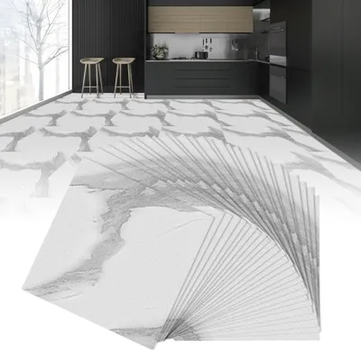 Produktbild von XMTECH PVC Quadrat Bodenbelag Selbstklebend Vinylboden, DIY Bodenaufkleber Wasserdicht, für Küche Wohnzimmer Badezimmer Garage, 30 x 30 cm, Dicke: 1,5 mm, 27 Stücke - 2,51 m², Marmor Optik Beige