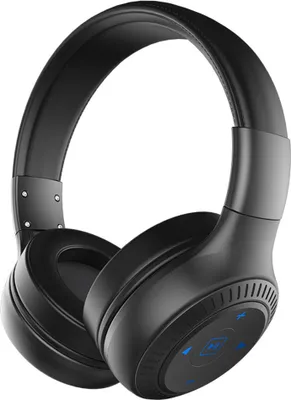 A black over-ear Bluetooth headset is shown against a white background.
