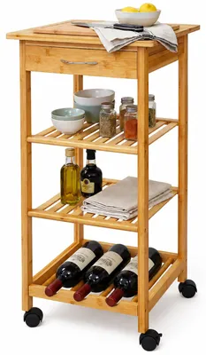 Servierwagen aus Bambus, 4 Etagen, Flaschenhalter, 85x39x39 cm