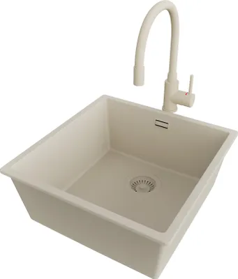 Produktbild von PRIMAGRAN Granitspüle Beige 46x47cm, Spülbecken 1 Becken + Küchenarmatur 38x14cm + Ablauf-Set, Küchenspüle ab 50er Unterschrank - London Slim