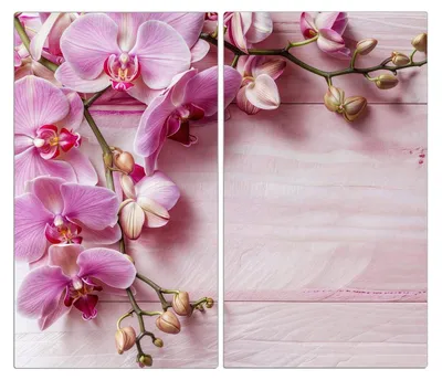 Produktbild von Spritzschutz Herdabdeckplatte Schneidebrett aus Glas Orchideen Holz Hintergrund 2-Teilig (60x52cm)