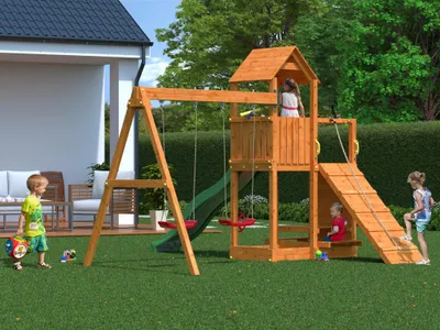 Produktbild von Spielturm Floppi teakfarben inkl. Doppelschaukel + Rutsche grün