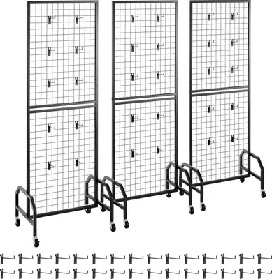Immagine prodotto di SucceBuy pannelli murali a griglia 60 x 164 cm, set di 3 pezzi con espositore arrotolabile e 30 ganci, Acciaio al carbonio, ideali per esposizioni, decorazioni e stoccaggio, colore nero