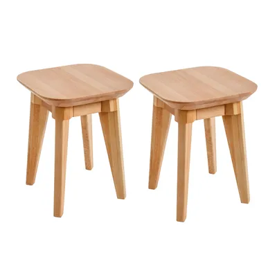 Two wooden stools are shown against a white background.