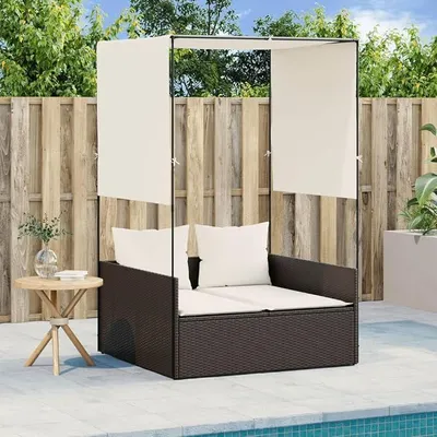 Produktbild von Doppel Sonnenliege Gartenliege mit Dach und Vorhängen Braun PE Rattan mit Polstern, 2 Sitzplätze, 118 x 110 x 187 cm, Wetterfest Outdoor Erholung