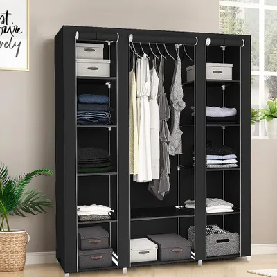 Produktbild von Stoffschrank Tragbarer Kleiderschrank mit Kleiderstangen & Ablagen 134x43x172cm Schwarz