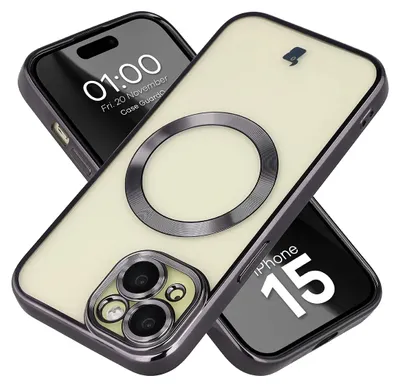 Produktbild von Handyhülle mit Kameraschutz und Magnetring für iPhone 15, Bizon Case GuardO, Transparent-Schwarz