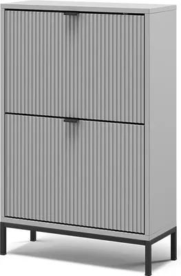 A gray shoe cabinet with two flip drawers.