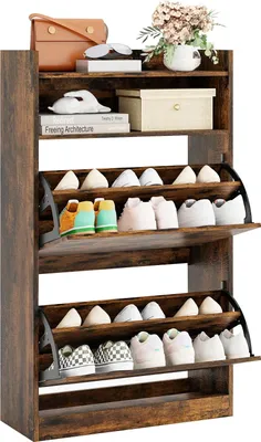 Immagine prodotto di Scarpiera - Scaffale per scarpe - Stretta - 2 ante ribaltabili - Ripiano aperto - Indipendente - Legno - 60×24×102 cm - Marrone