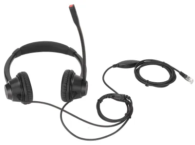 Produktbild von RJ9-Telefon-Headset, integriertes HD-Mikrofon, binaurale Bürounterstützung, Lautsprecher-Lautstärkeregelung, Schwarz