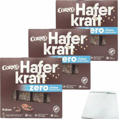 Produktbild von Corny Haferkraft Zero Kakao Hafer-Kakao-Riegel 3er Pack (12x35g Riegel) + usy Block