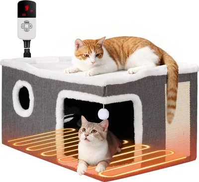 Produktbild von Beheizbares Katzenhaus Indoor, faltbare Katzenhöhle 61×43×31 cm mit Heizkissen, Timer & Temperaturregelung - Warmes Katzenbett für kleine Haustiere, M