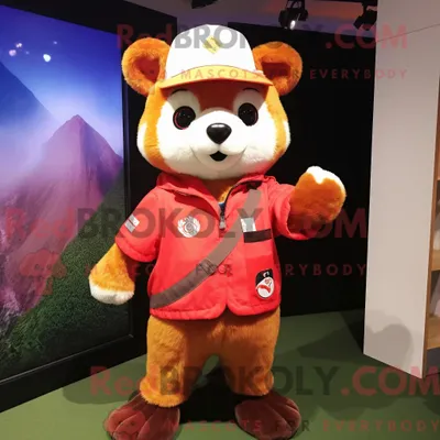 Produktbild von Goldener REDBROKOLY Roter Panda Maskottchen Kostüm Charakter gekleidet mit einem Sweatshirt und Baskenmützen