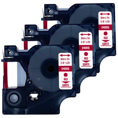 Produktbild von DULA Etikettenband  - Kompatibel mit Dymo D1 40915 - 3 Stück - Rot auf weiß - 9mm x 7m