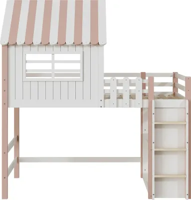 Obrázek produktu pro Dětská postel – postel ve tvaru domečku – 90 x 200 cm – ve tvaru střechy – s ochrannou bočnicí – žebřík – dřevo – růžová