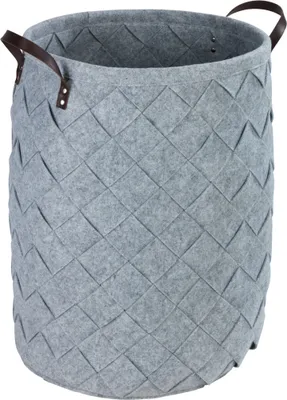 A gray woven laundry basket with brown handles on a white background.