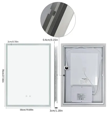 Image de Miroir de salle de bain - Miroir mural LED 70x50 cm - Anti-buée - Variateur tactile - 3 couleurs de lumière - Fonction mémoire - Argent