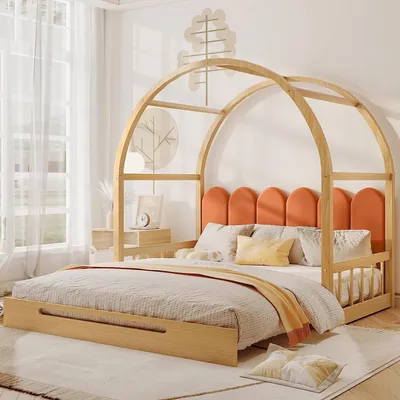 Produktbild von Fortuna Lai Kinderbett 140x100cm/140x200cm Ausziehbett Erweiterbares Hausbett mit Rausfallschutz und Burgdach, Massivholz Einzel- und Doppelbett Kinderhaus,Jugendbett, Natur