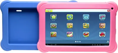 A pink tablet computer with a blue protective case next to it.