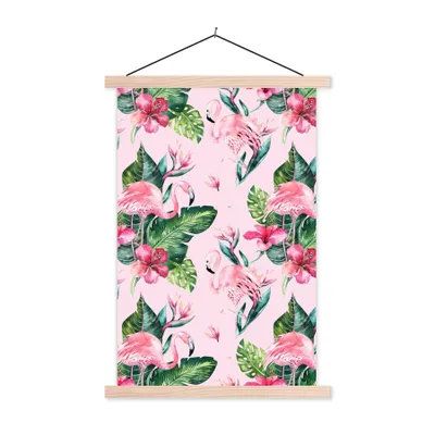 Produktbild von MuchoWow® Textilposter Blumen - Flamingo - Pflanzen 40x60 cm mit holzfarbenen Rahmen - Poster