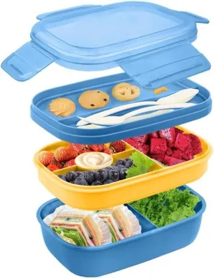 Image de Unyqoos® Boîte à lunch Bento, 1900 ml – Lot de 2, à 2 compartiments et empilable, 5 compartiments avec couverts, en PP (sans BPA), joint en silicone, adaptée au micro-ondes et au congélateur, dimensions : 12 x 13 x 9 cm
