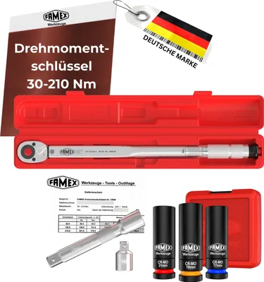 Produktbild von FAMEX 10886-3N Drehmomentschlüssel Set 1/2 Zoll (12,5mm) 30-210 Nm - mit Spezial-Einsätze für Radschrauben