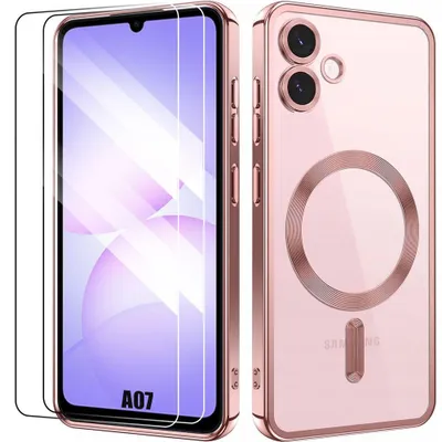 Image de Coque + 2 Verres Trempés pour Samsung Galaxy A07, Silicone Souple avec Cercle Magnétique Protection Caméra - Rose