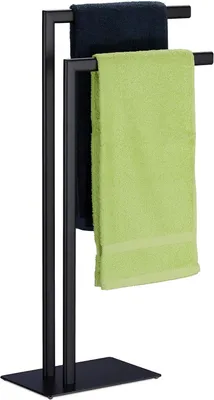 Image de Porte-serviettes autoportant - 2 barres - Pour salle de bain - Acier - 81x49x20 cm - Sans perçage - Noir