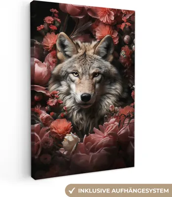 Produktbild von MuchoWow® - Leinwandbilder - Wolf - Tier - Floral - Botanisch - Natur - Fantasie, Wandbild, Wanddeko Bilder Wohnzimmer, 20x30 cm