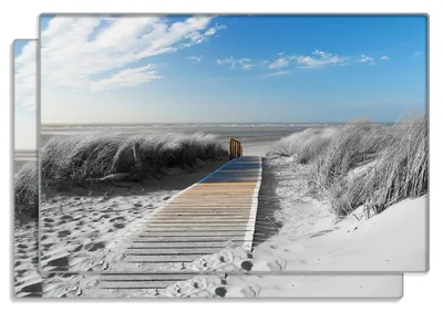 Produktbild von Wallario Frühstücksbrettchen 2er Set aus Glas, je 20 x 30 cm, mit rutschfesten Füßen, Motiv Auf dem Holzweg zum Strand in schwarz-weiß Optik