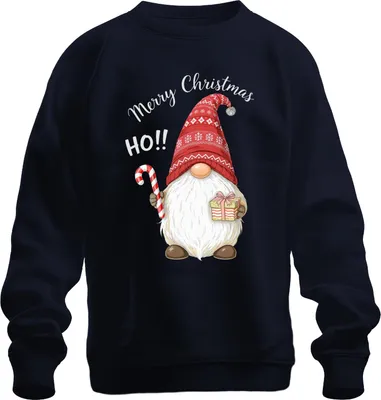 Zdjęcie produktu dla Wesołych Świąt HO!!! Christmas Gnome Candy Cane Hat Uni Sweatshirt Pullover, Navy, M