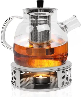 Produktbild von Unyqoos® Borosilikat-Glas-Teekanne 1,5 l mit herausnehmbarem Edelstahlfilter und Stövchen, hitzebeständig bis 120°C, ideal für heiße und kalte Getränke