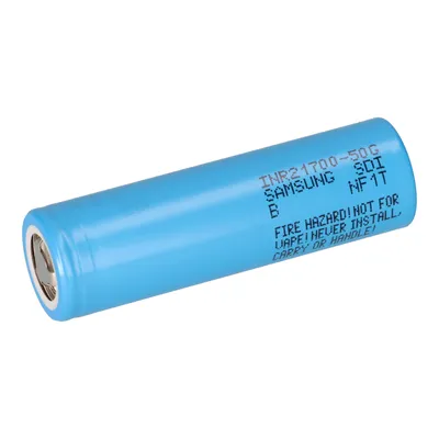 A blue cylindrical battery with text printed on it, isolated on a white background.