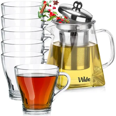 Obrázok produktu pre Vilde | Čajová kanvica so sitkom 490 ml - Sklenená kanvica so 6 pohármi 250 ml - Vhodné do umývačky