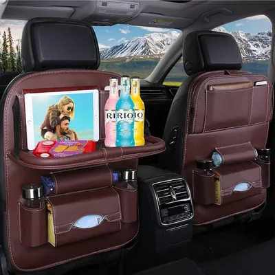 Immagine prodotto di Set di 2 organizer per il sedile posteriore dell'auto, con supporto per tablet e tavolino pieghevole, colore marrone