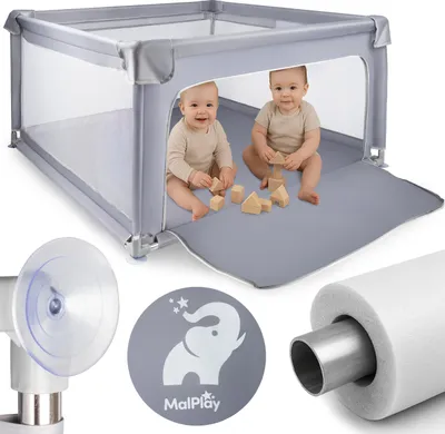 Obrázek produktu pro Ohrádka dětská cestovní postýlka pro batolata Malplay 120x120cm hrazdové centrum aktivit od 6 měsíců šedá robustní konstrukce