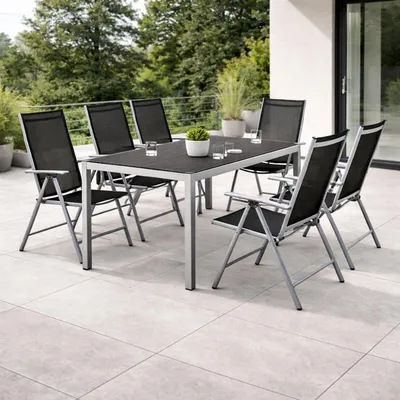 7tlg Alu Gartenmöbel Gartengarnitur Tisch 150x90cm Klappstuhl Textilen