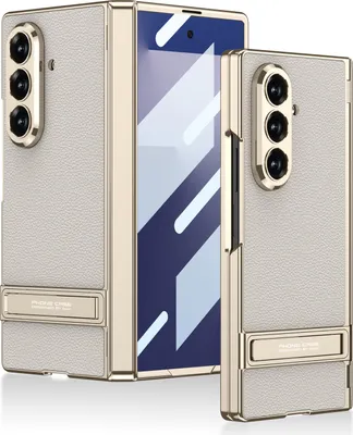 Produktbild von Hülle für Samsung Galaxy Z Fold 7 Magnetische Scharnierschutz Hartes Lederstruktur Galvanisieren Schutzhülle mit Displayschutz und Ständer Beige
