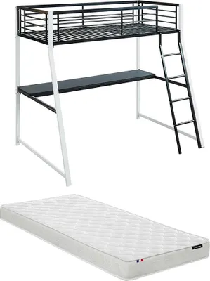 Produktbild von MALICIA Mezzaninbett - Schlafbereich 90 × 190 - Eingebauter Schreibtisch - schwarz-weiß + Matratze 90 × 190