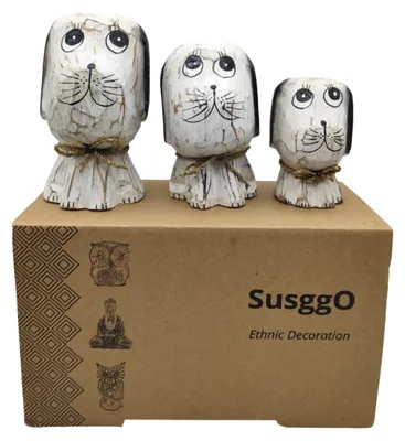 3er Set Holz-Hunde Figuren handbemalt, Weiß, 11,5-8 cm