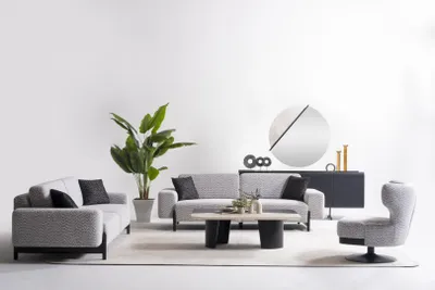 Produktbild von Grau Holz- und Metallsofa-Set mit Couchtisch für modernes Wohnzimmer