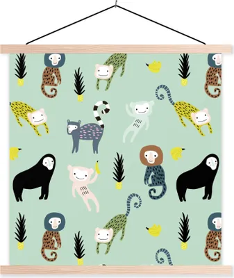 Produktbild von MuchoWow® Textilposter Affe - Obst - Grün 120x120 cm mit holzfarbenen Rahmen - Textil-Poster